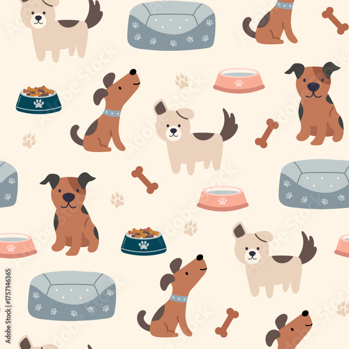 Cute dogs vector seamless pattern. Clipart of funny pet animals. Dog bed, bowl, treats and cute dogs on a beige background. Printable canine flat illustration.