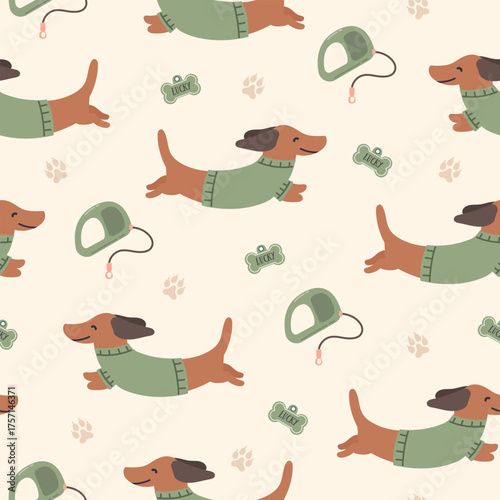 Cute dogs vector seamless pattern. Clipart of funny pet animals. Dogs, leash on a beige background. Printable canine flat illustration.