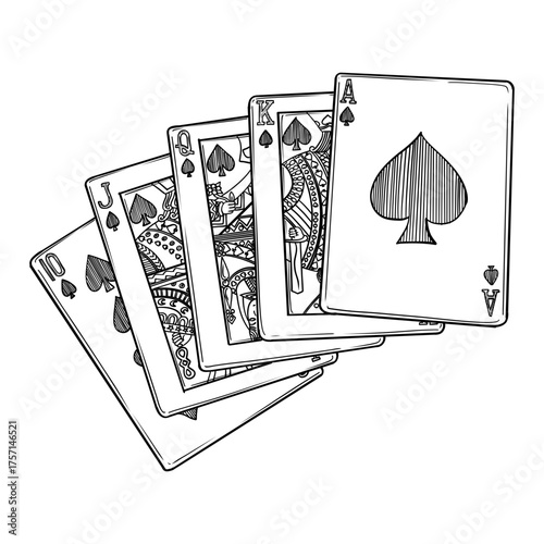 Royal straight flush poker cards vector line art hand drawn illustration 