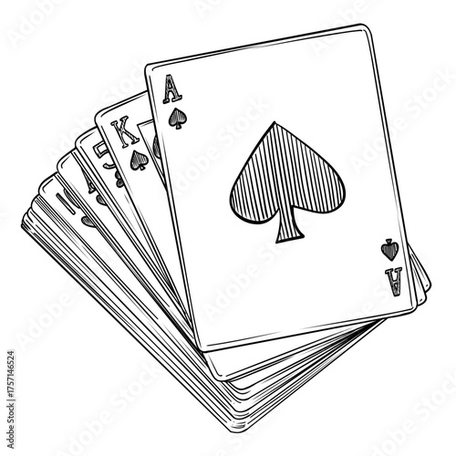 Playing poker cards stack vector line art hand drawn illustration 