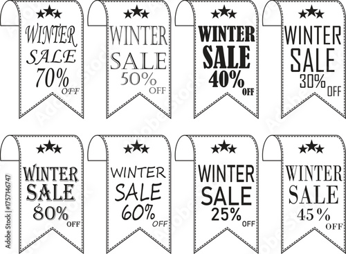Winter Sale Banner line art Icon. Winter sale vector poster design with sale text. Vector illustration. Hanging tag for design of flyers with discount offers and special seasonal retail promotion.