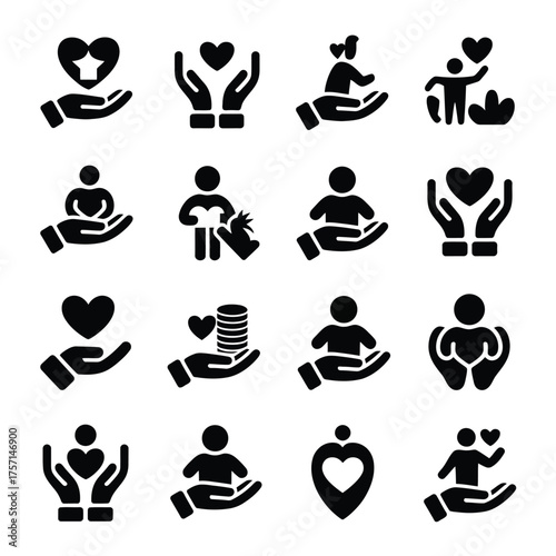 Vector graphics illustration set featuring hands holding hearts and people symbolizing care compassion and support silhouette White background