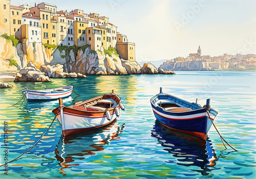 Mediterranean coastal town scenery: traditional fishing boats floating on the water, historic buildings on the hilltop. A peaceful summer vacation.