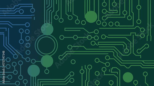 A close up of a circuit board with green and blue lines and circles on a dark background design element