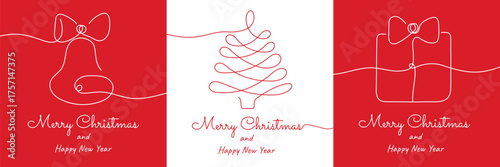 A set of Merry Christmas and Happy New Year greeting cards on a red background with an image of a Christmas tree, a gift and a bell
