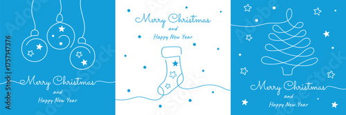 A set of Merry Christmas and Happy New Year greeting cards on a blue background with an image of a Christmas tree, Christmas balls and a sock for gifts