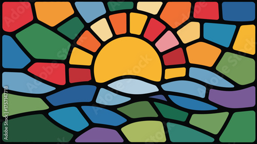 Colorful stained glass window depicting a sun rising over water with a black background and mosaic style