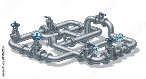 Isometric view of a complex industrial pipeline network with interconnected pipes and control valves, representing fluid dynamics and process engineering