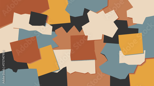 A colorful abstract collage of geometric shapes with overlapping and irregular edges scattered randomly