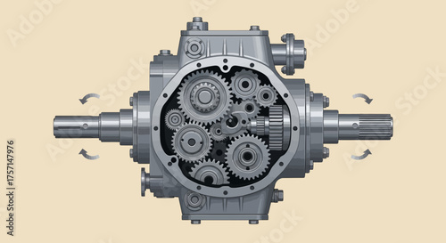 Detailed view of a complex industrial gearbox showcasing intricate internal gear mechanisms