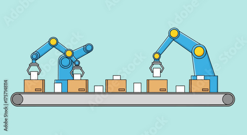 Automated industrial production line with robotic arms moving packages on a conveyor belt, showcasing efficient manufacturing, smart factory technology, and streamlined assembly