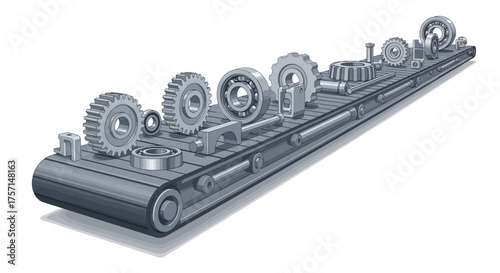 Conveyor belt with various industrial machine parts and components in a production line