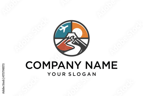 Travel logo with airplane, mountains, and road logo vector