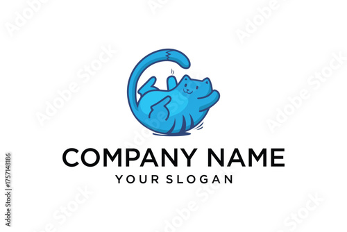 Blue cat curled in circle logo vector