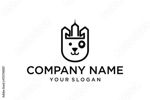 Dog head icon with crown outline logo design 