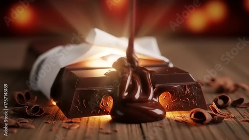 Melted Chocolate Pouring Over Dark Chocolate Bars on Wooden Table.