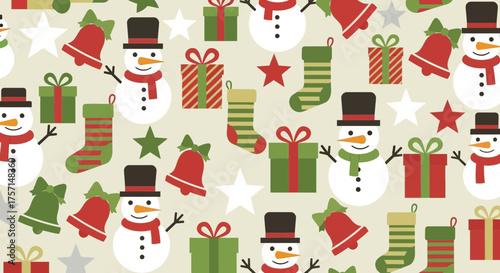 Christmas pattern holiday winter snowmen gifts bells stockings stars festive season joy