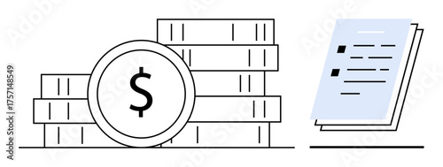Stacked coins with a dollar sign beside documents indicating monetary value, planning, or investment. Ideal for finance, budgeting, accounting, business, investment economy savings. Simple flat