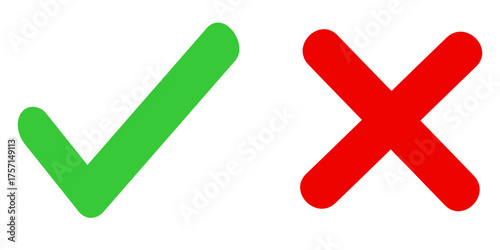 Vector check mark icon. Set of verification icons. Green check mark and red cross. Approval and rejection symbols. Element for your design, website, app, etc.