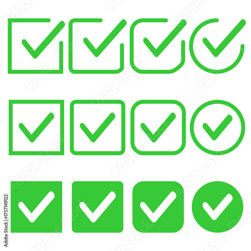 Vector check mark icon. Set of verification icons. Green check mark and red cross. Approval and rejection symbols. Element for your design, website, app, etc.