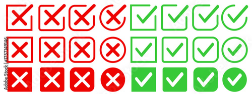 Vector check mark icon. Set of verification icons. Green check mark and red cross. Approval and rejection symbols. Element for your design, website, app, etc.