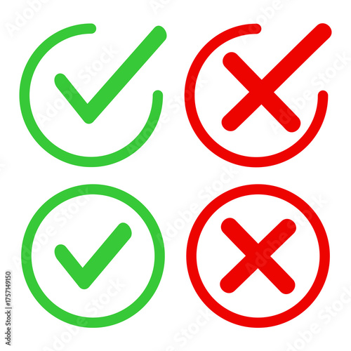 Vector check mark icon. Set of verification icons. Green check mark and red cross. Approval and rejection symbols. Element for your design, website, app, etc.