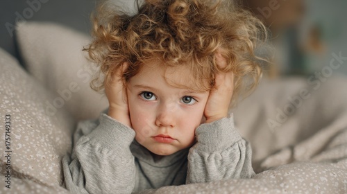 Child Can't Sleep. Unhappy Baby with Moody Expression Refusing to Sleep in Bed