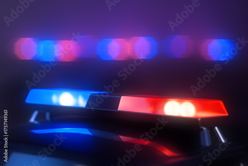 Closeup of a police car siren with flashing red and blue emergency lights in the dark night. Focus on light reflection, bokeh and lens glow creating tense law enforcement atmosphere
