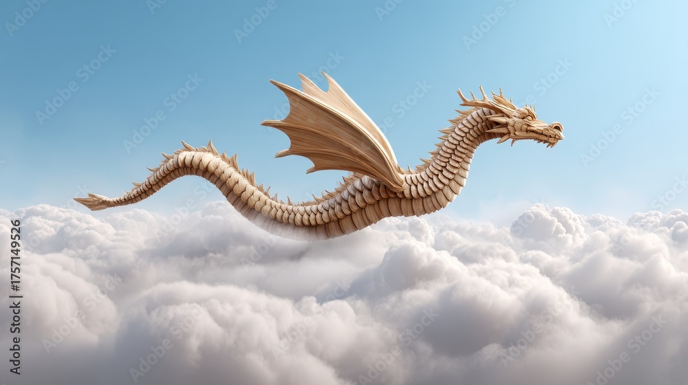 Fototapeta premium A majestic dragon glides gracefully through fluffy clouds, its intricate scales and wings catching the sunlight in a fantastical sky.