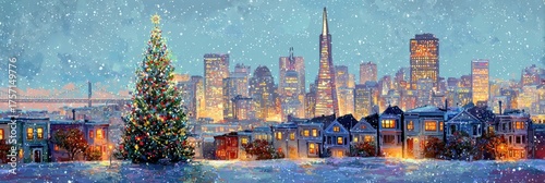 Christmas In San Francisco. Festive Skyline with Snow and Christmas Tree
