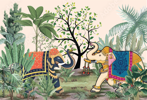 Traditional Indian Wedding Wall Mural, Mughal Garden Illustration, Elephant, Tropical Wall Mural. 