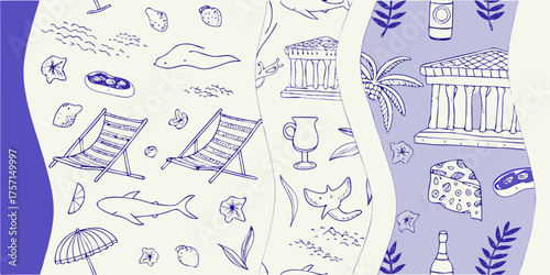 Whimsical hand drawn doodle pattern of summer vacation elements including beach chairs ancient ruins and marine life