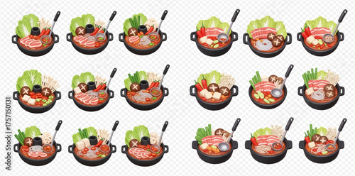 Multiple illustrations of hot pot dishes with various ingredients in black pots with handles and spoons.