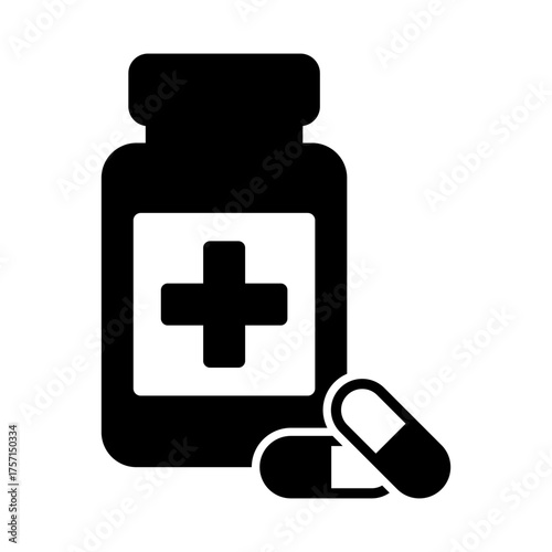 Medicine Bottle and Pills Icon – Pharmacy, Healthcare, and Medical Treatment Symbol, Vector Illustration