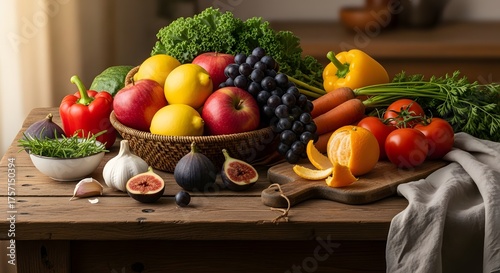 Abundant fresh fruits and vegetables artfully arranged on a rustic wooden table