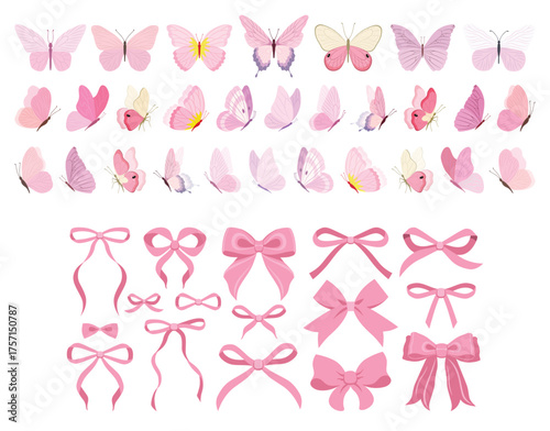 Simple hand drawn pink ribbon bow collection. Butterfly set. Bowknot for decoration, big set of pinky bowtie. Large retro hand drawn ribbon illustration set. Set of various cartoon bow knots