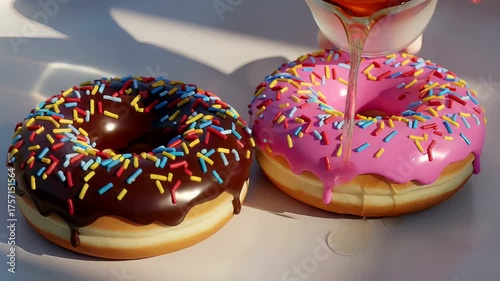 Colorful donuts with sprinkles on a bright surface, showcasing dessert appeal