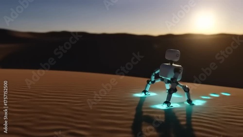 Robot Explores Desert Landscape Leaving Glowing Footprints at Dusk.