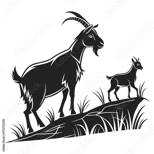 goat, billy goat, kid goat, silhouette, black and white, minimalism, woodcut style, nature, meadow, grass, field, landscape
