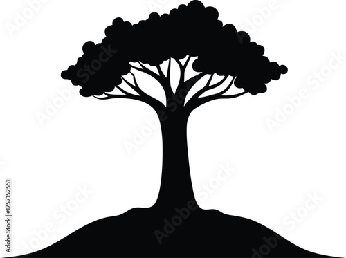 Silhouette of a large deciduous tree on a small hill isolated on white background isolated on transparent background