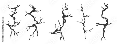 Crack wall, ground texture breaks on land surface. Ground fissure line sketch set. Crash fracture, land damage, earthquake