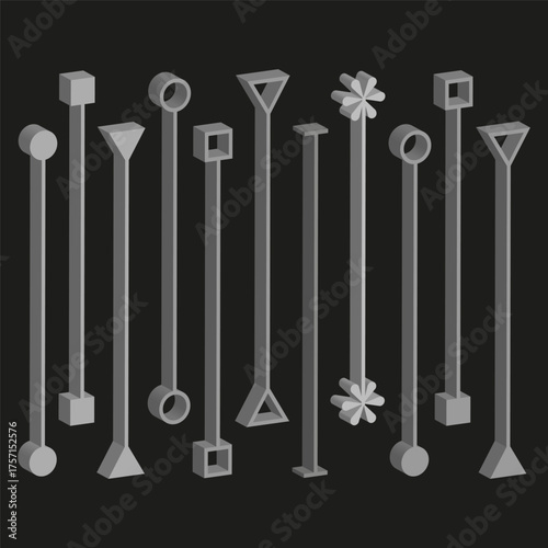 Geometric shape elements. Abstract line illustration. Modern object set. Vector black background.