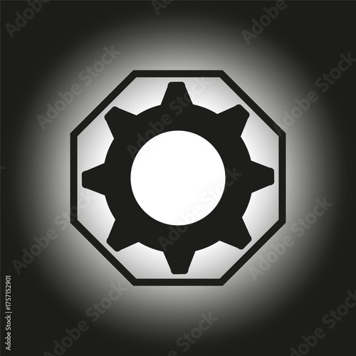 Gear wheel icon. Octagon background shape. White black gradient. Vector technology symbol.