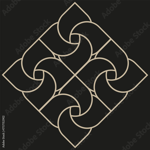 Geometric ornate emblem. Abstract vector element. Swirling gold pattern. Symmetrical graphic design.