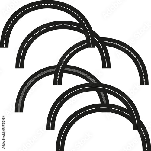 Curved road set. Highway segments pattern. Black white design. Vector travel element.
