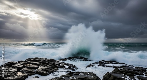 Fototapeta Naklejka Na Ścianę i Meble -  Dramatic ocean wave crashing on rocky shoreline under moody skies