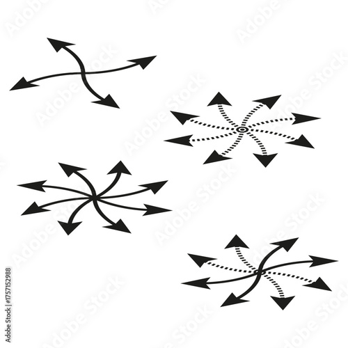 Black arrow set. Directional symbols collection. Vector graphic elements. Radial motion illustration.