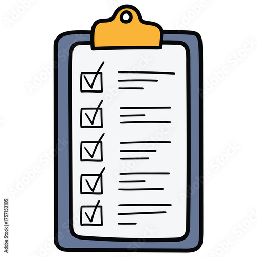 Hand-drawn cartoon clipboard with checklist on a white background.