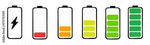 multicolor battery charge level indicators set: energy, power, and low warning icons in flat style