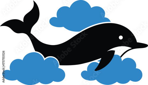 Black dolphin silhouette among blue clouds isolated on white background isolated on transparent background